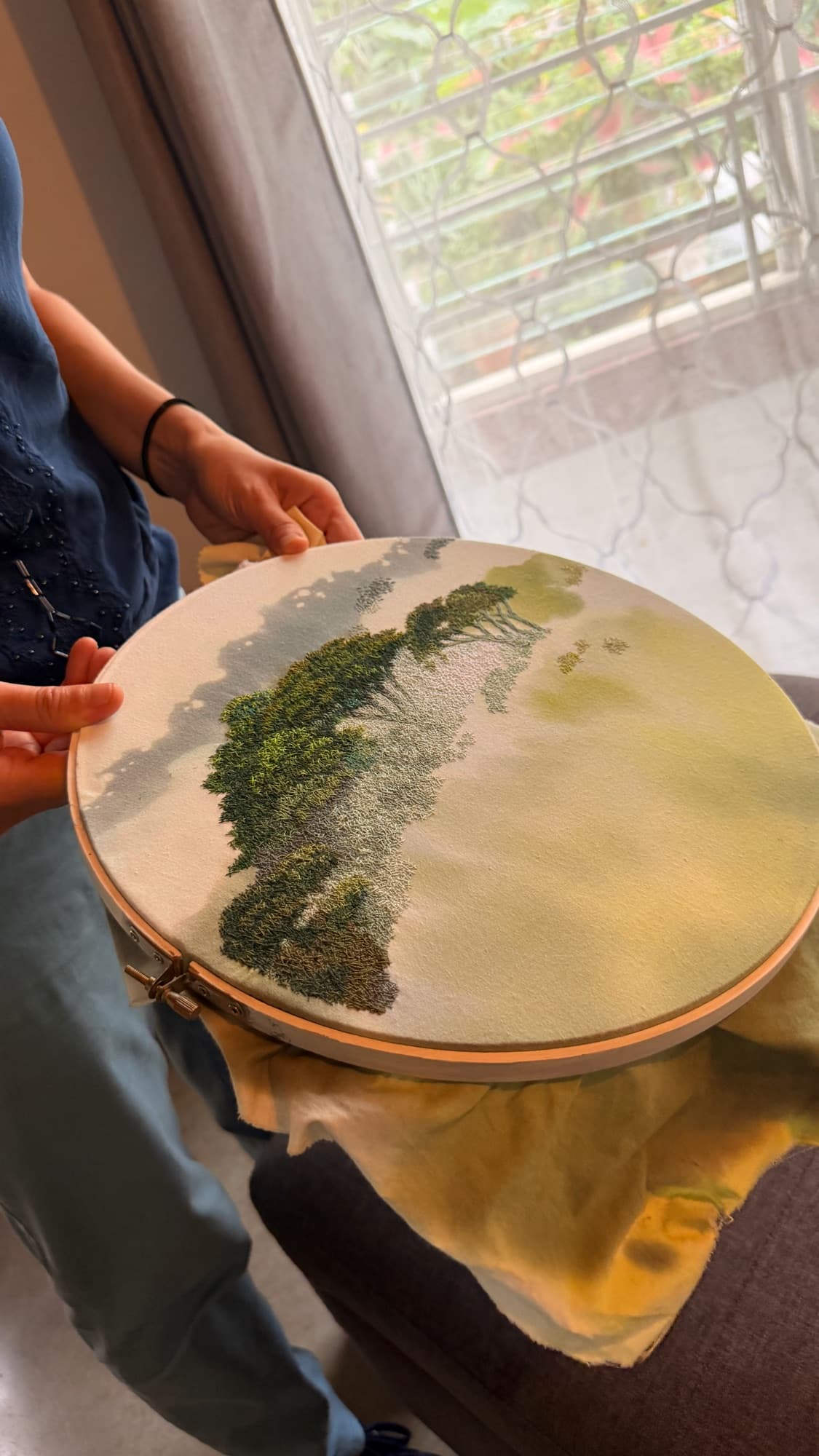 Embroidered landscape work by Hazel Menacho